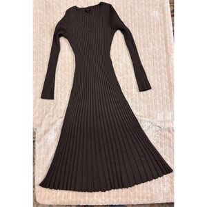 Quince Organic Cotton Cashmere Ribbed V-Neck Midi Sweater Dress Brown Medium M